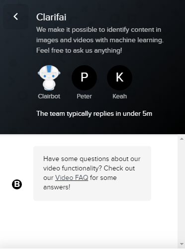Screenshot of Clarifai support teams with an AI support bot dubbed Clairbot