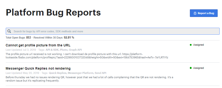 Screenshot of Facebook platform bug reports