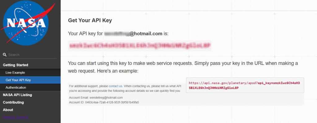 Screenshot of NASA api portal